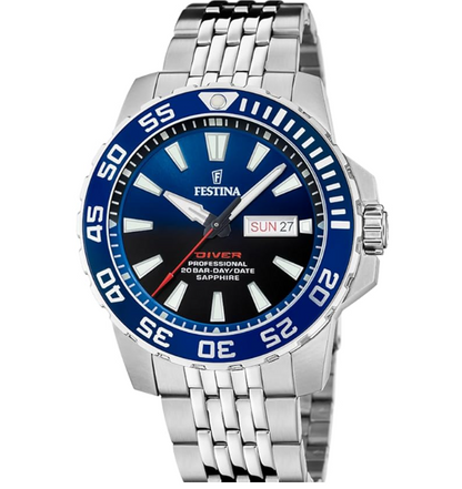 Orologio Festina Uomo Acciaio Quadrante Lunetta Blu Diver Vetro Zaffiro Indicatore Data _F20661-1