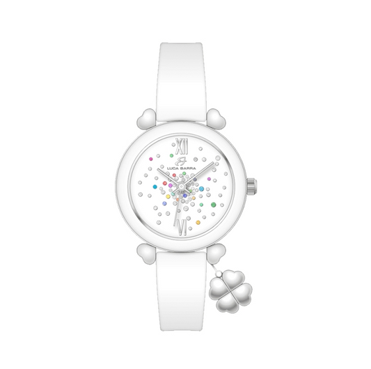 Orologio Luca Barra Cinturino Silicone Bianco Quadrante Cristalli Multicolor Pendente Quadrifoglio BW364