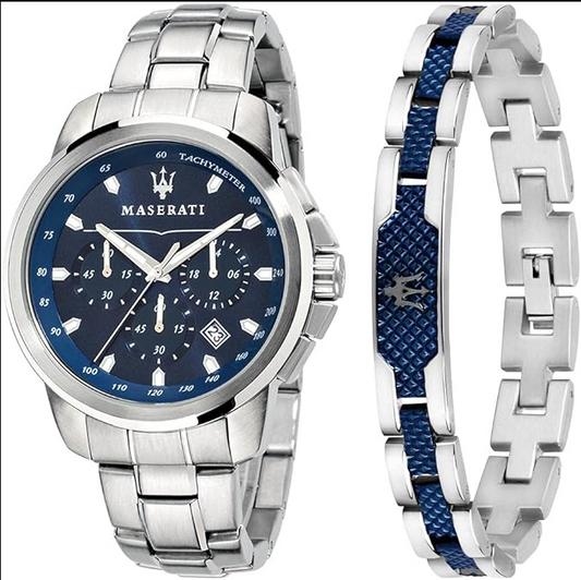 Orologio Maserati  Uomo Cronografo in Acciaio Argento Quadrante Blu + Bracciale _R8851121016