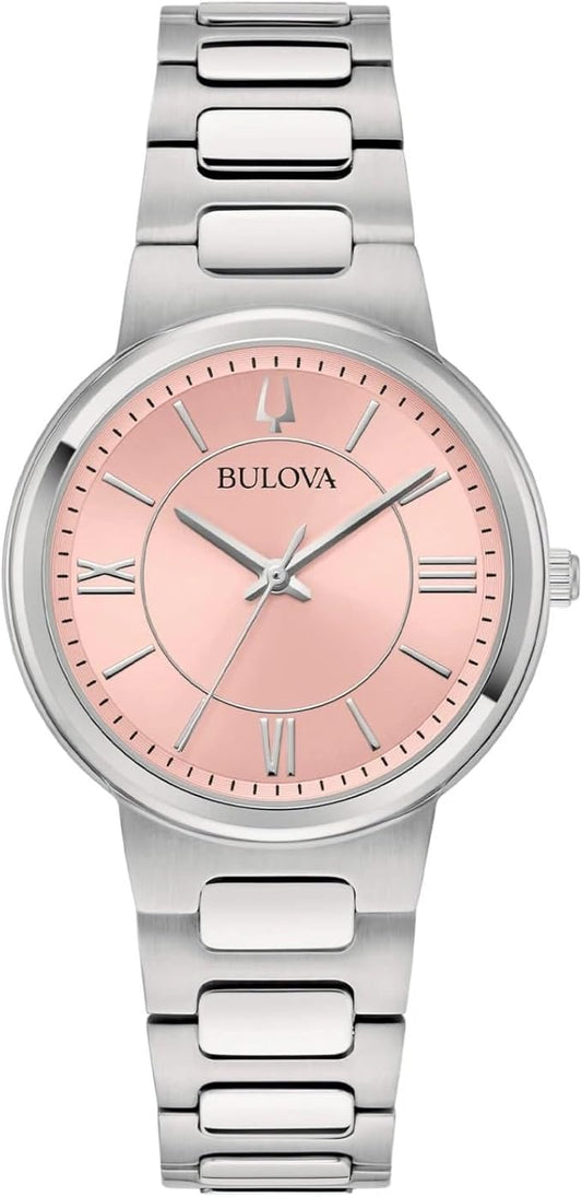 Bulova Damenuhr aus silbernem Stahl mit rosa Zifferblatt _96L335 