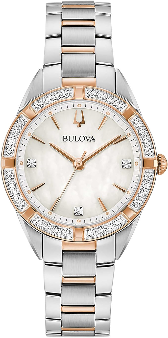 Orologio Bulova Donna Acciaio Oro Rosa Argento Quadrante Madreperla Cristalli _98R281