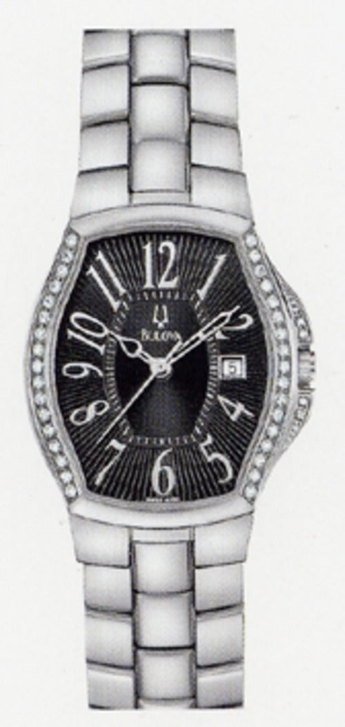 Bulova Damenuhr Stahl schwarzes Zifferblatt Kristalle rechteckig Ind. Datum _63R07 