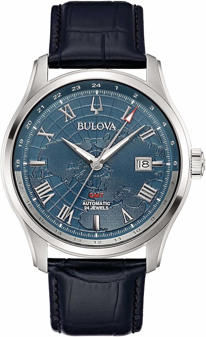 Bulova Herren-Automatikuhr aus Stahl mit schwarzem Lederarmband, blauem Zifferblatt, Weltzeitanzeige, 96B385 