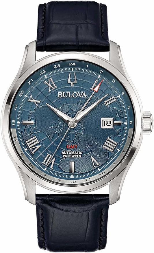 Bulova Herren-Automatikuhr aus Stahl mit schwarzem Lederarmband, blauem Zifferblatt, Weltzeitanzeige, 96B385 