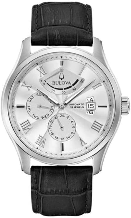 Bulova Herren-Automatikuhr aus Stahl, silberfarben, Chronograph, schwarzes Leder, _96C141 