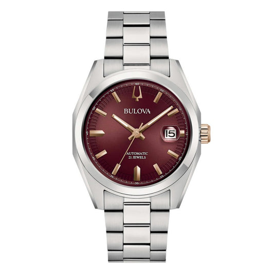 Bulova Herren-Automatikuhr aus Stahl mit bordeauxfarbenem Zifferblatt 98B422