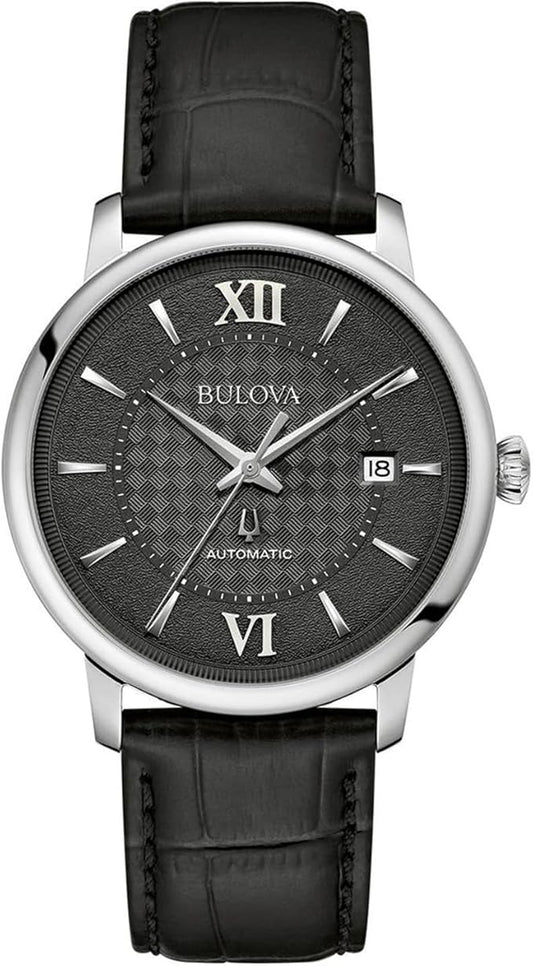 Orologio Bulova Uomo Acciaio Automatico Quadrante Nero Cinturino Pelle Motivo scacchiera _96B441