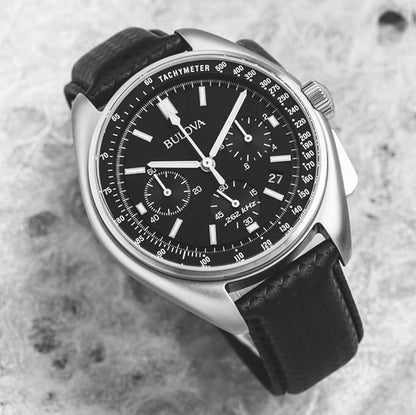 Bulova Herrenuhr Stahl geflochtenes Lederarmband schwarzes Zifferblatt Chronograph _96B251