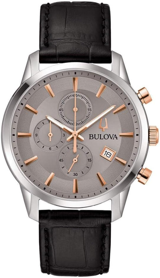 Orologio Bulova Uomo Acciaio Cronografo Pelle Nero Quadrante Grigio _98B409