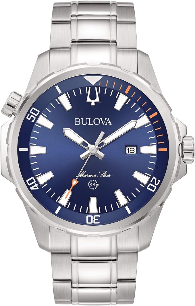 Orologio Bulova Uomo Acciaio Marin Star Quadrante Blu Tempo Indicatore Giorno _96B397