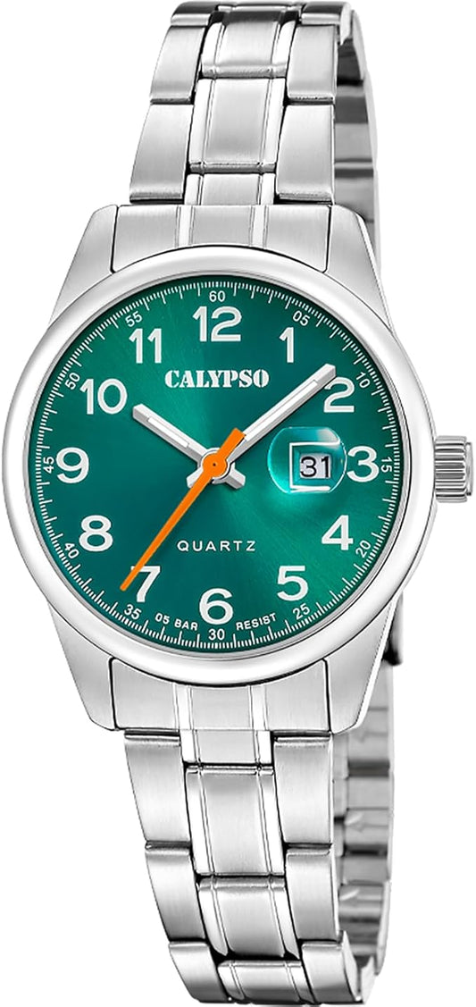 CALYPSO Damen-Armbanduhr aus Stahl mit grünem Zifferblatt, Uhrzeit und Datum _K5873-5 