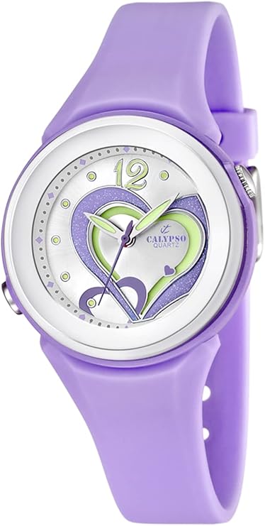 CALYPSO Damenuhr mit violettem Silikonarmband, nur Zeitanzeige, herzförmiges Zifferblatt _K5576-4 