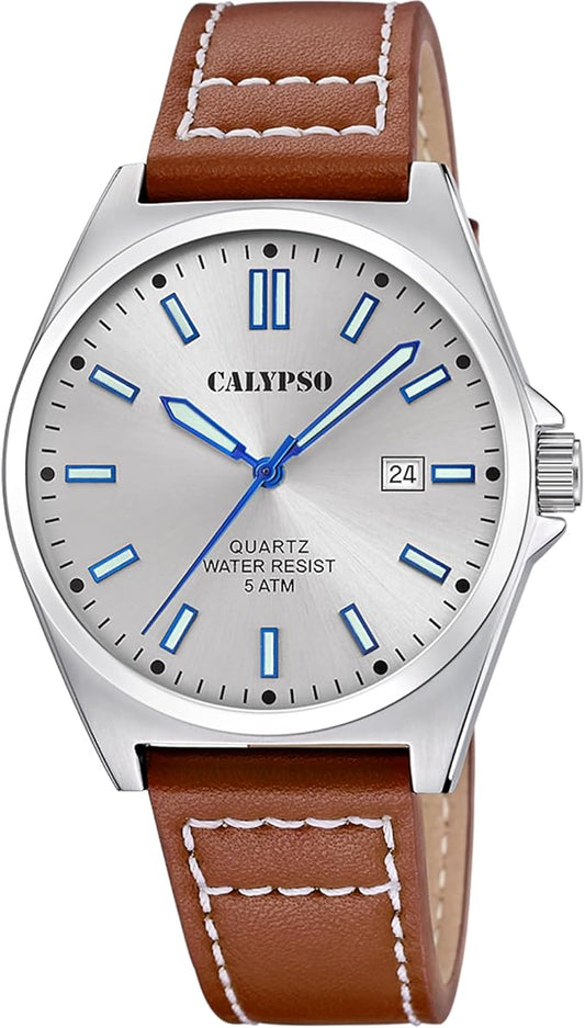 CALYPSO Herren-Armbanduhr Analog Braun Lederarmband Stahlgehäuse Datumsanzeige _K5868-2 