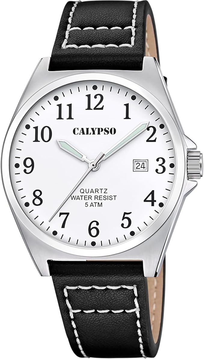 Orologio CALYPSO Uomo Analogico Cinturino Pelle Nero Quadrante Bianco Indicatore Data _K5868-1