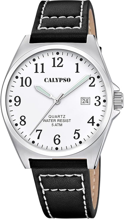 Orologio CALYPSO Uomo Analogico Cinturino Pelle Nero Quadrante Bianco Indicatore Data _K5868-1