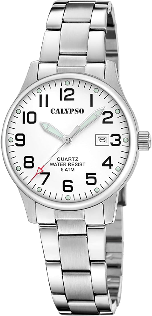 CALYPSO Damen-Analoguhr mit Stahlgehäuse und -armband und weißem Zifferblatt _K5861-1 