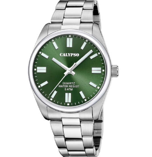 CALYPSO Herren-Analoguhr mit Stahlgehäuse und -armband und grünem Zifferblatt _K5862-5 