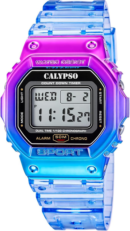 CALYPSO Herren-Digitaluhr im achteckigen Design mit Kautschukarmband und rosa-blauem Gehäuse _K5874-3 