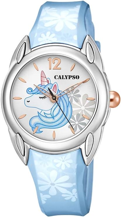 CALYPSO Mädchenuhr, Stahl, nur Zeitanzeige, blaues Kautschukarmband, Einhorn-Zifferblatt _K5734-B 