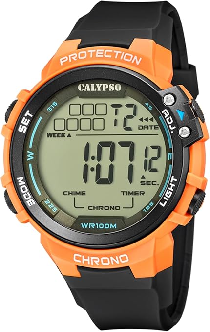 CALYPSO Herren-Digitaluhr, orangefarbenes Polycarbonatgehäuse, schwarzes Silikonarmband _K5817-4 