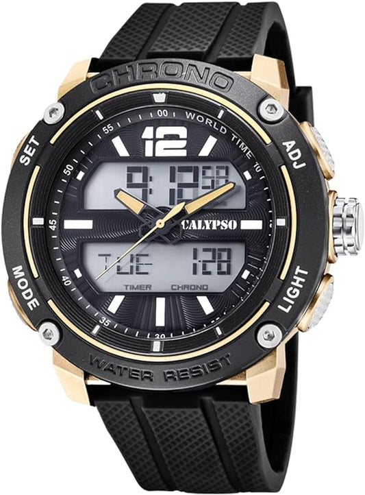 CALYPSO Herren Analog-Digital Uhr mit schwarzem Silikonarmband und goldenem Polycarbonatgehäuse _K5796-3