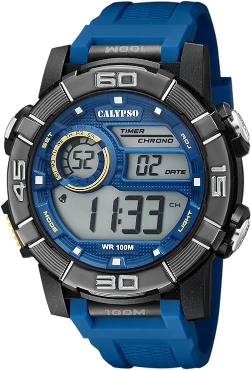 CALYPSO Herren-Digitaluhr, schwarzes Polycarbonat-Gehäuse, blaues Silikonarmband _K5818-2 
