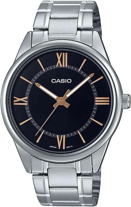 Casio Herren-Armbanduhr aus Stahl mit schwarzem Zifferblatt, römischen Ziffern und Markierungen _MTP-V005D-1B5UDF 