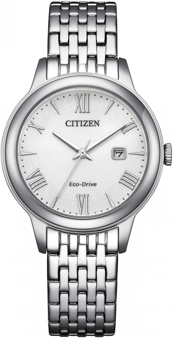 Citizen Damen-Armbanduhr Eco-Drive aus Stahl mit weißem Zifferblatt und Datum _EW2621-59A