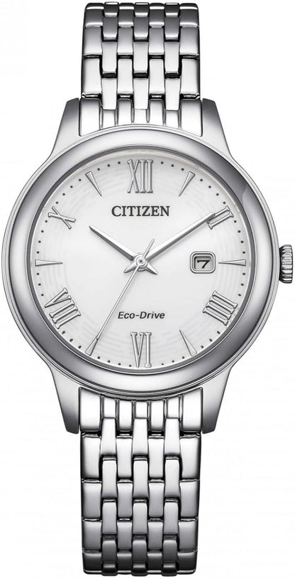 Citizen Damen-Armbanduhr Eco-Drive aus Stahl mit weißem Zifferblatt und Datum _EW2621-59A