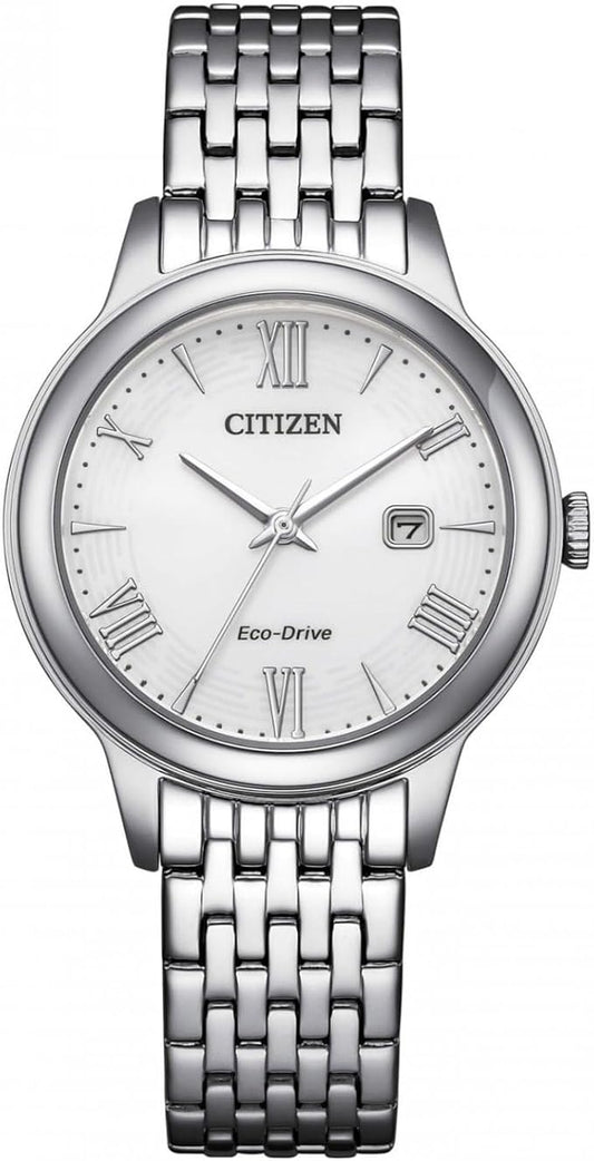 Citizen Damen-Armbanduhr Eco-Drive aus Stahl mit weißem Zifferblatt und Datum _EW2621-59A