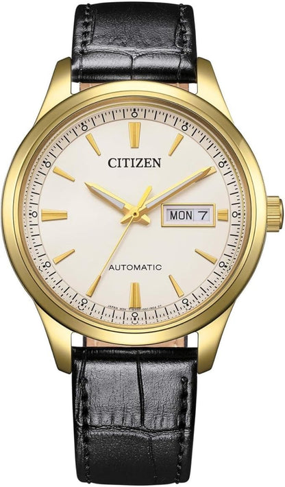 Orologio Citizen Uomo Cassa Acciaio Oro Quadr. Bianco Cint. Pelle Nero Ind. Giorno-Data _NY4059-09A