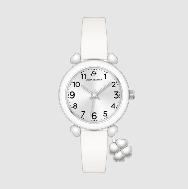 Orologio Luca Barra Donna Cinturino Silicone Bianco Ciondolo Quadrifoglio Quadrante Argento _BW394