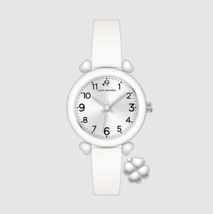 Orologio Luca Barra Donna Cinturino Silicone Bianco Ciondolo Quadrifoglio Quadrante Argento _BW394