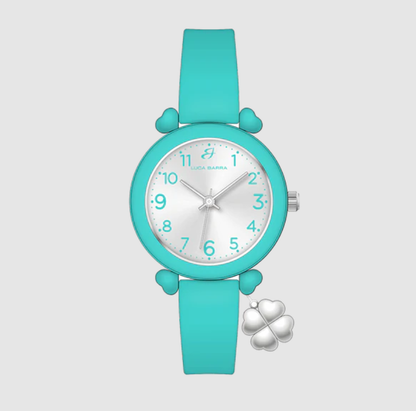 Orologio Luca Barra Donna Cinturino Silicone Verde Acqua Ciondolo Quadrifoglio Quadrante Argento _BW398