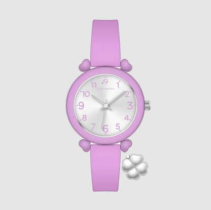 Orologio Luca Barra Ragazza Donna Cinturino Silicone Lilla Ciondolo Quadrifoglio _BW395