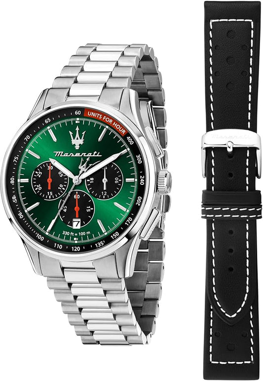 Maserati Herrenuhr Doppelarmband Stahl und Leder Schwarz Chronograph Grün _R8873624002 