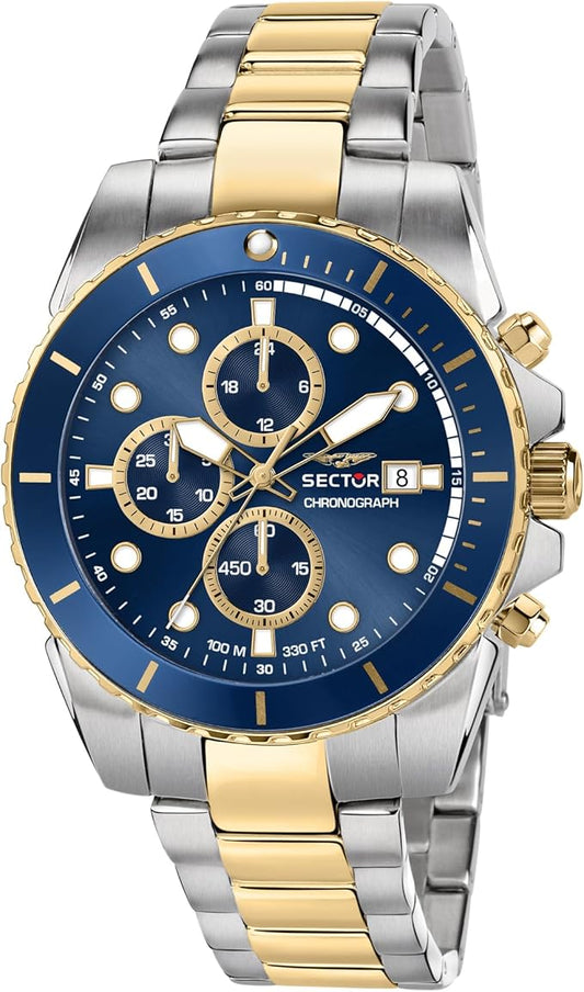Orologio Sector Uomo Acciaio Argento e Oro Lunetta e Quadrante Blu Cronografo _R3273776001