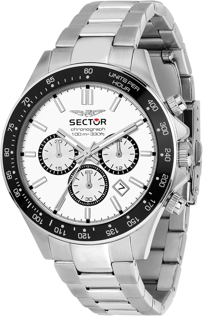 Orologio Uomo Sector Acciaio Argentato Quadrante Bianco Lunetta Nera Cronografo _R3273661049
