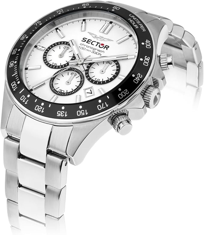 Orologio Uomo Sector Acciaio Argentato Quadrante Bianco Lunetta Nera Cronografo _R3273661049