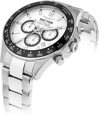 Orologio Uomo Sector Acciaio Argentato Quadrante Bianco Lunetta Nera Cronografo _R3273661049