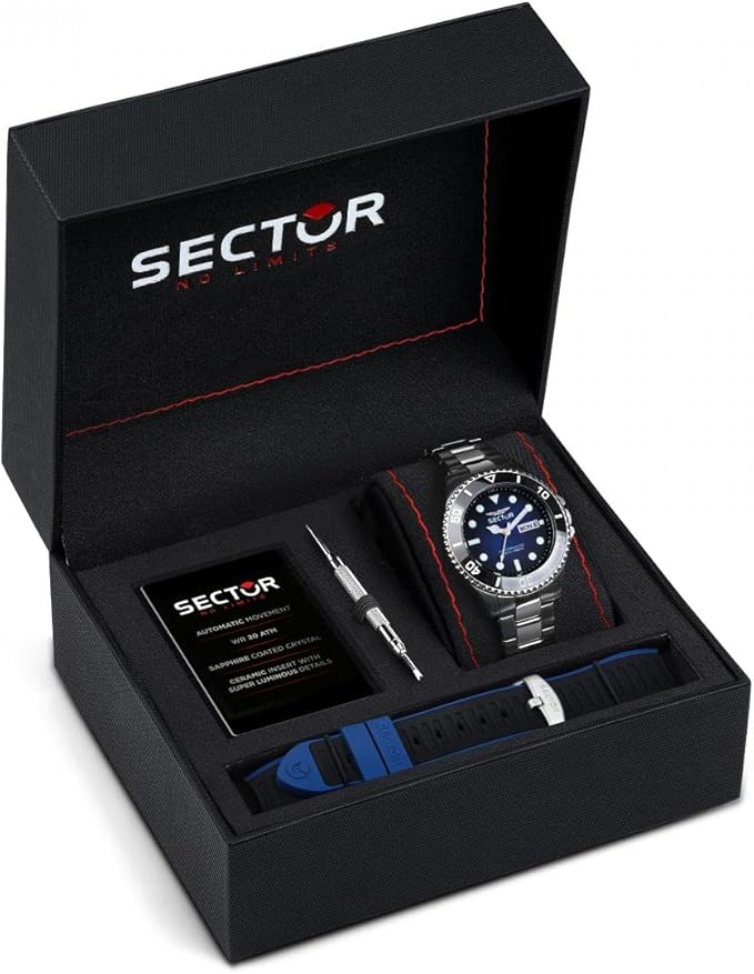 Orologio Uomo Sector Automatico Lunetta Nera Quadr. Blu Tempo e Data _R3221161003