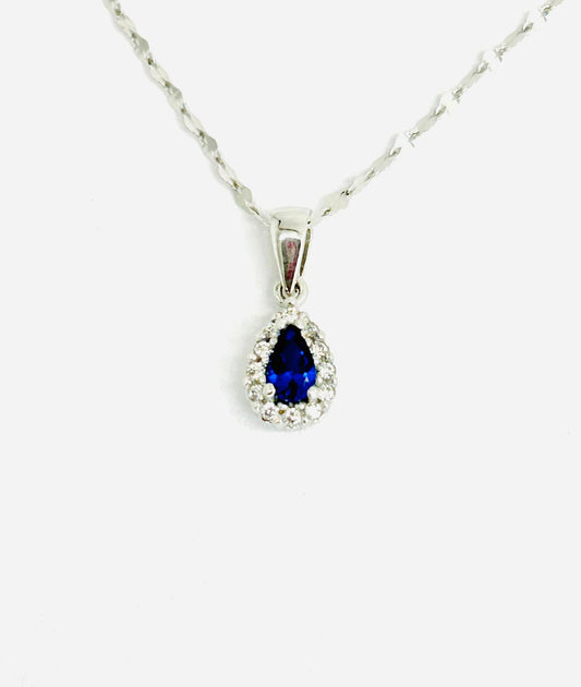 Collana Donna Oro Bianco 18 Zaffiro Goccia Zirconi Bianchi _CL009