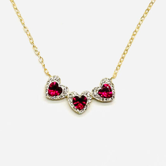 Collana Donna Oro Giallo 18 kt Cuori Zirconi e Rubino Sintetico _CL041