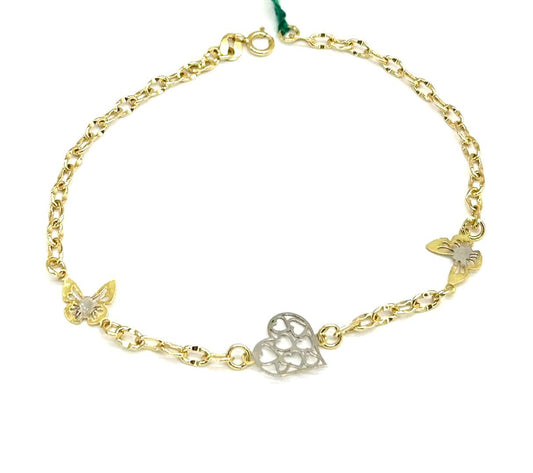 Bracciale Donna Oro Giallo e Bianco 18 kt Cuore e Farfalle _BR047