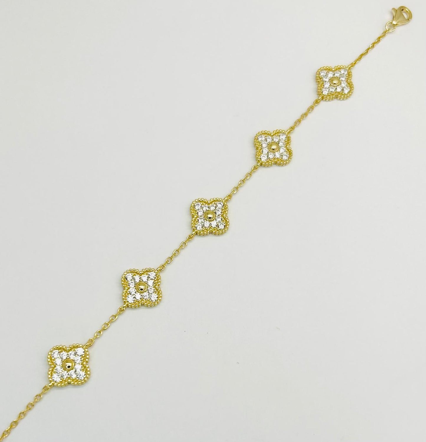 Vancleef Damen-Armband aus 925er Silber mit vergoldetem vierblättrigem Kleeblatt und weißen Kristallen _LSB32 