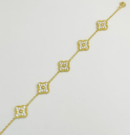 Vancleef Damen-Armband aus 925er Silber mit vergoldetem vierblättrigem Kleeblatt und weißen Kristallen _LSB32 