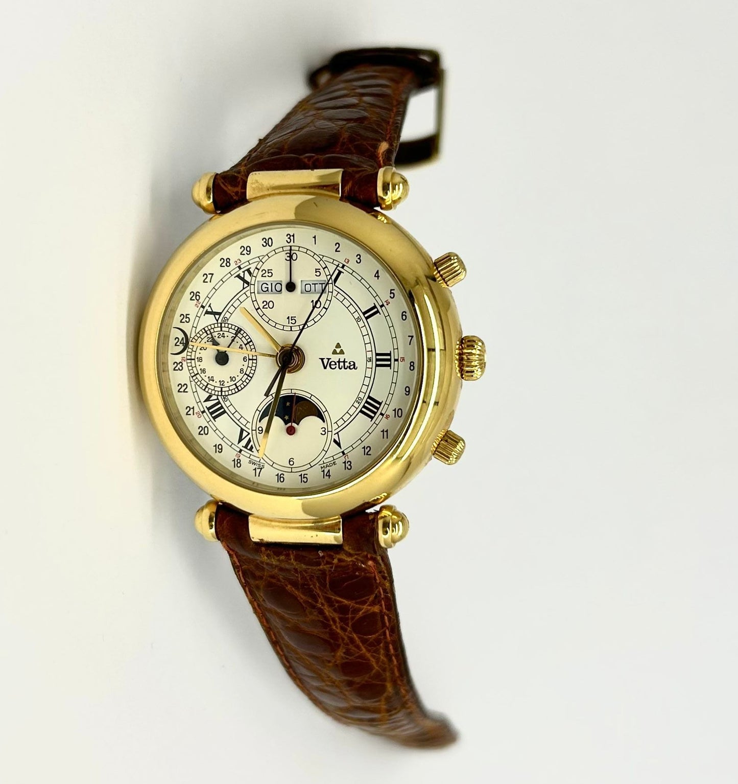 Orologio Vetta Uomo Acciaio Automatico Cronografo Fasi Lunari Cinturino Pelle Marrone Cassa Oro _ETA7751