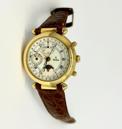 Orologio Vetta Uomo Acciaio Automatico Cronografo Fasi Lunari Cinturino Pelle Marrone Cassa Oro _ETA7751
