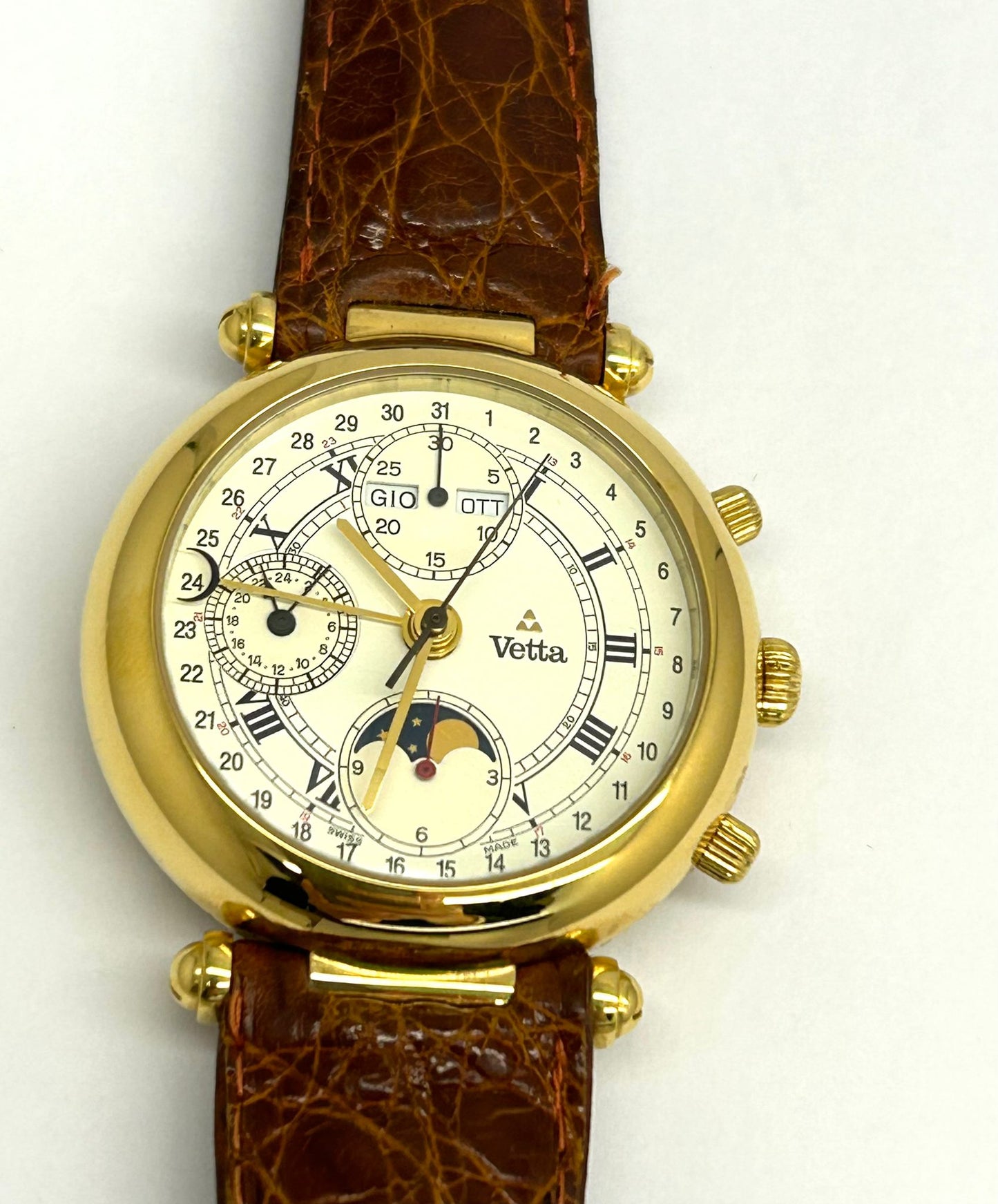 Orologio Vetta Uomo Acciaio Automatico Cronografo Fasi Lunari Cinturino Pelle Marrone Cassa Oro _ETA7751