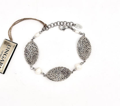 Bracciale Ungari Bronzo Donna Argentato Ovali Floreali e Perle Alternate LE FATE _BR011
